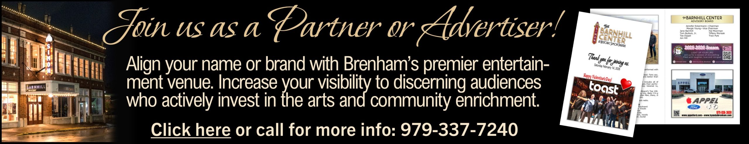 Advertise with us! Become more visible to discerning locals and tourists. Your ad in our Show Programs can bring attention to your business. Call for more info: 979-451-1459